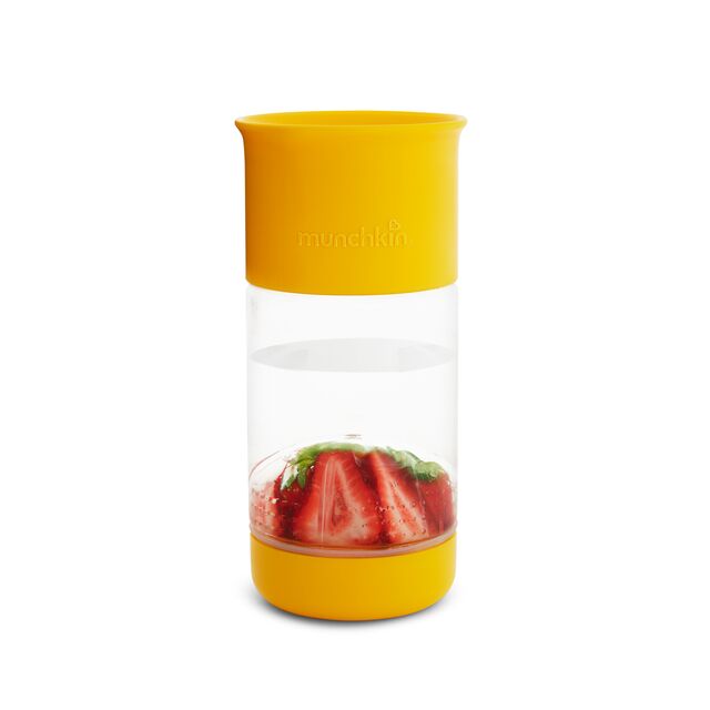 The Miracle 360 Fruit Infuser Cup combines a leak-proof top and 360 drinkable edge with a natural way to flavour your child's water. Simply add your child's favourite fruit like strawberries, oranges, or blueberries into the fruit basket, twist it into the bottom, then fill the cup with water. The twist-on fruit extractor breaks up the fruit allowing it to infuse into the water and make a fun flavourful drink!