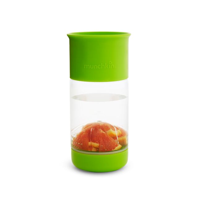 The Miracle 360 Fruit Infuser Cup combines a leak-proof top and 360 drinkable edge with a natural way to flavour your child's water. Simply add your child's favourite fruit like strawberries, oranges, or blueberries into the fruit basket, twist it into the bottom, then fill the cup with water. The twist-on fruit extractor breaks up the fruit allowing it to infuse into the water and make a fun flavourful drink! Bye, bye juice! Hello, healthy water!